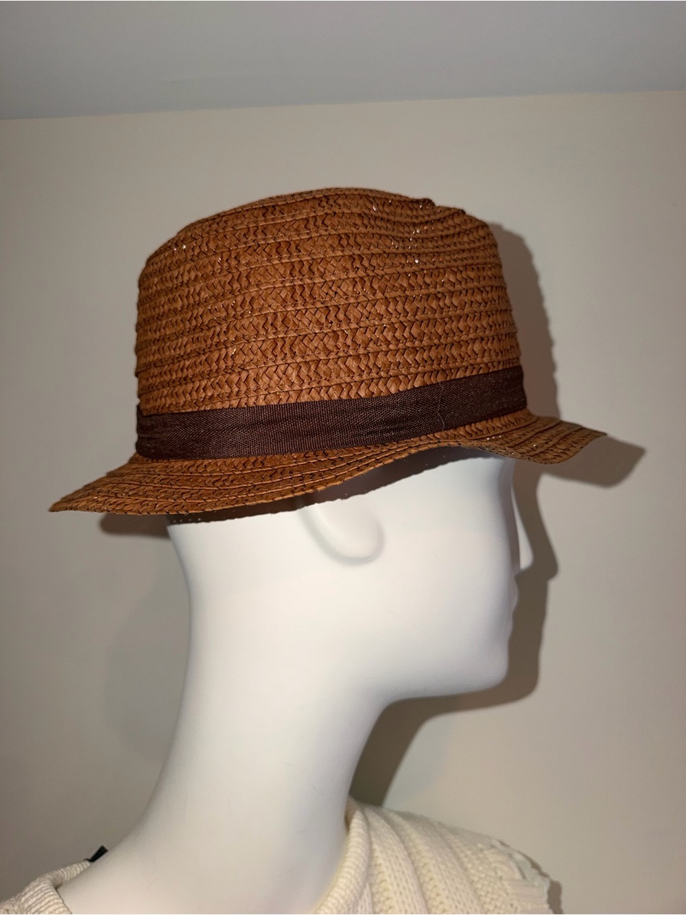 Classic Brown Straw Fedora Hat with Dark Brown Band